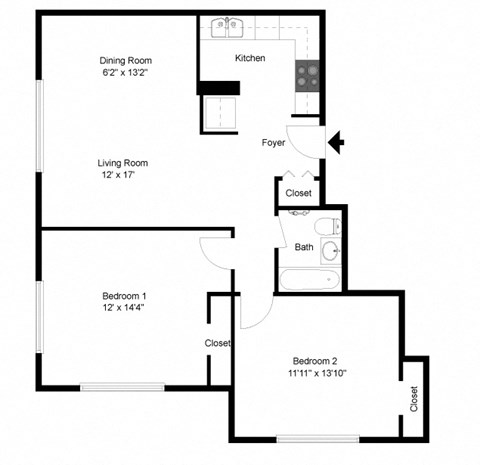 Floor plan for 2 beds, 1 bath, 830 sqft